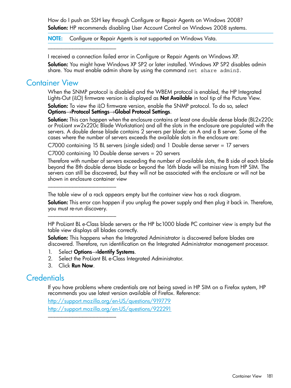 Container view, Credentials, Container view credentials | HP Systems Insight Manager User Manual | Page 181 / 259
