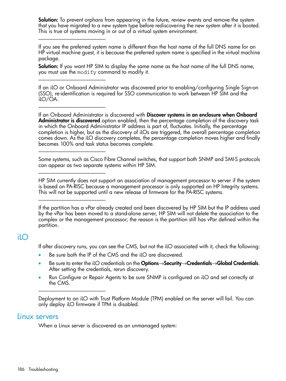 Linux servers, Ilo linux servers | HP Systems Insight Manager User Manual | Page 186 / 259