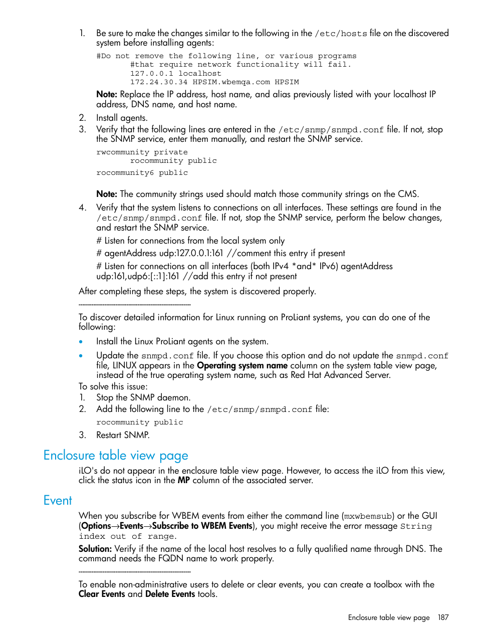 Event, Enclosure table view page | HP Systems Insight Manager User Manual | Page 187 / 259