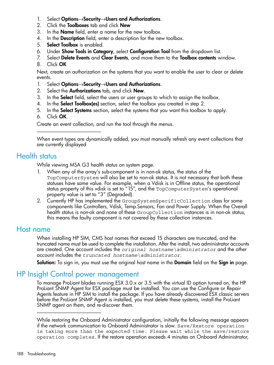 Health status, Host name, Hp insight control power management | HP Systems Insight Manager User Manual | Page 188 / 259