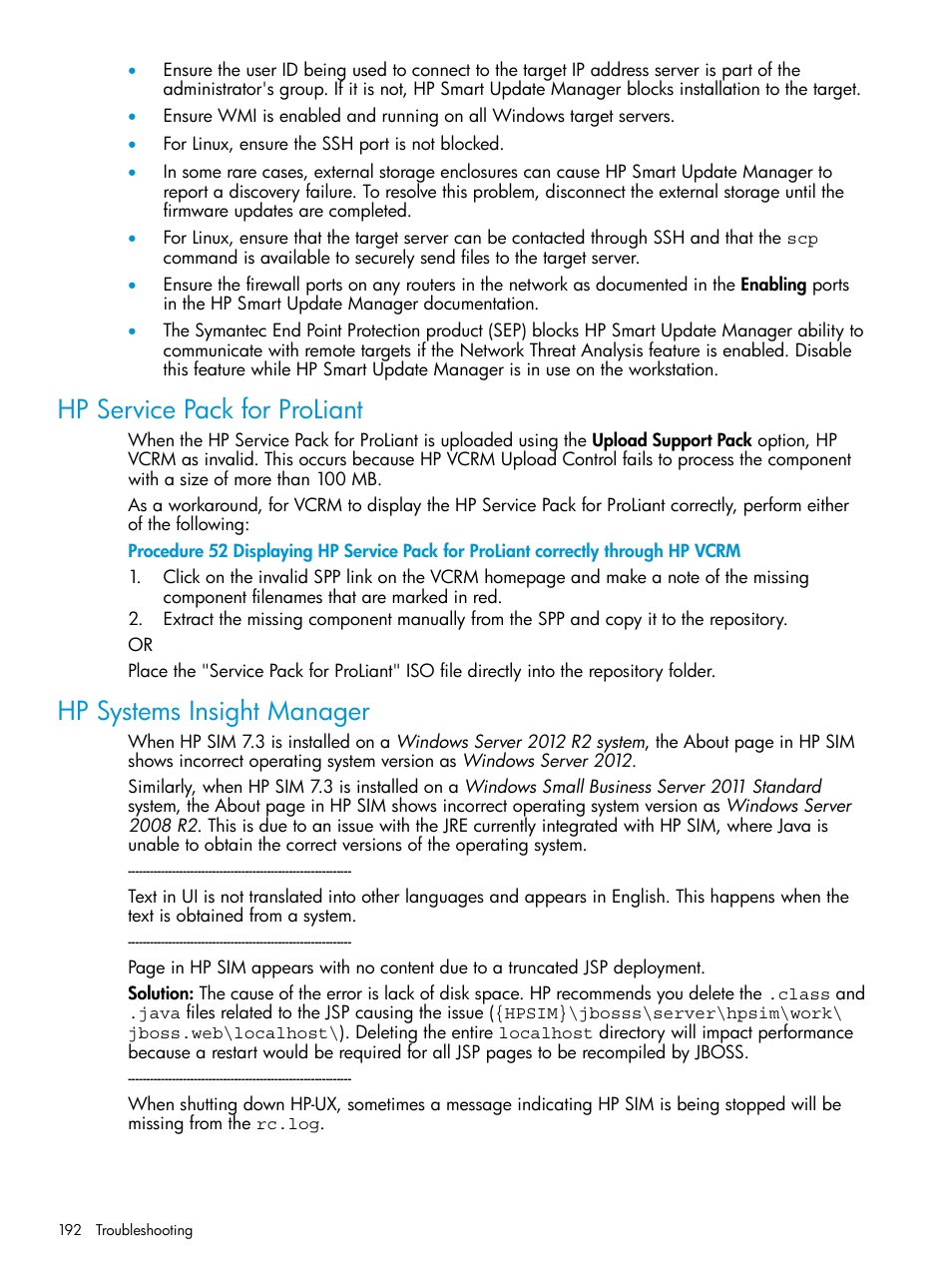 Hp service pack for proliant, Hp systems insight manager | HP Systems Insight Manager User Manual | Page 192 / 259