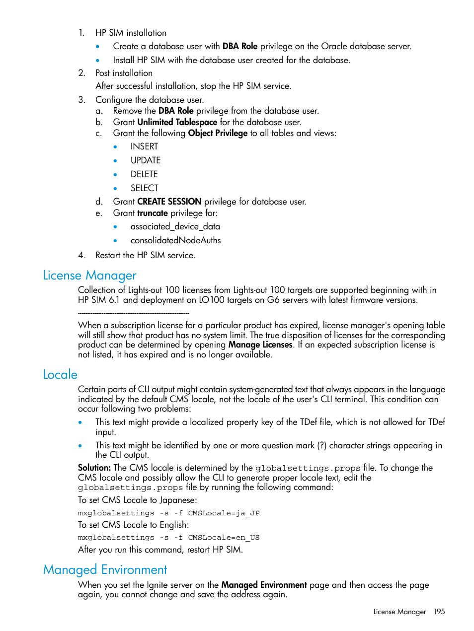 License manager, Locale, Managed environment | License manager locale managed environment | HP Systems Insight Manager User Manual | Page 195 / 259