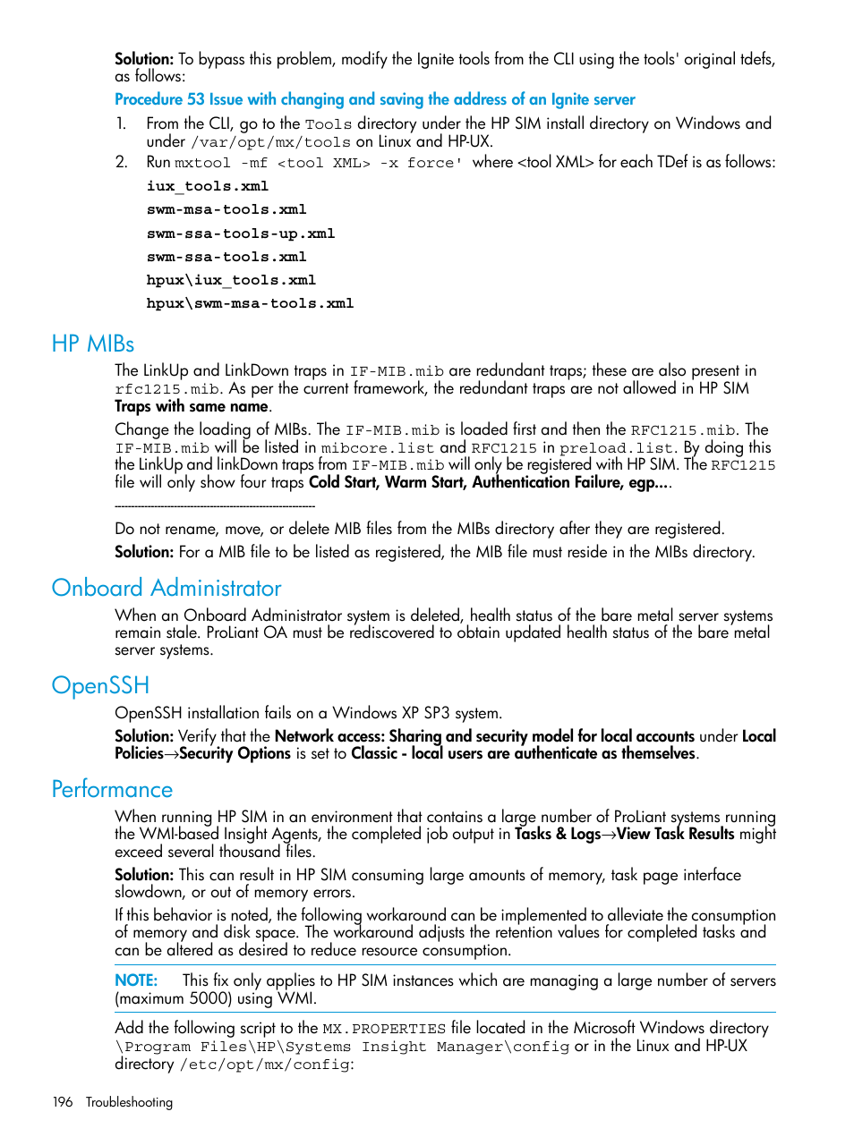 Hp mibs, Onboard administrator, Openssh | Performance, Hp mibs onboard administrator openssh performance | HP Systems Insight Manager User Manual | Page 196 / 259