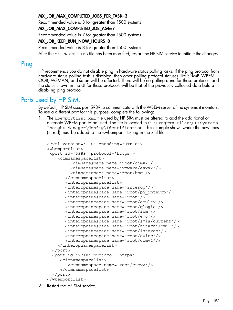 Ping, Ports used by hp sim, Ping ports used by hp sim | HP Systems Insight Manager User Manual | Page 197 / 259