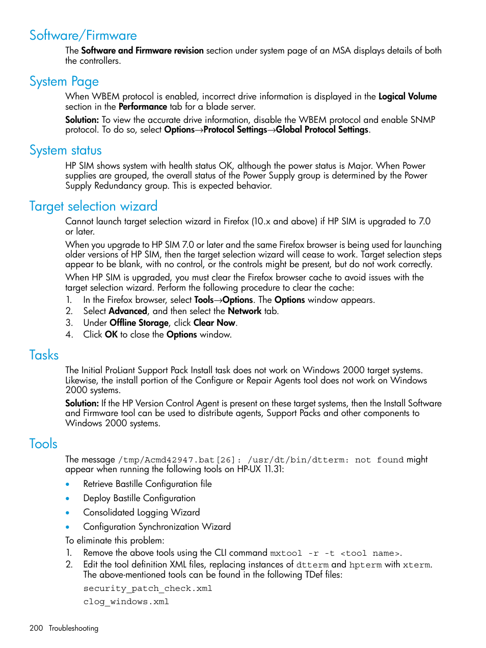 Software/firmware, System status, Target selection wizard | Tasks, Tools, System page | HP Systems Insight Manager User Manual | Page 200 / 259