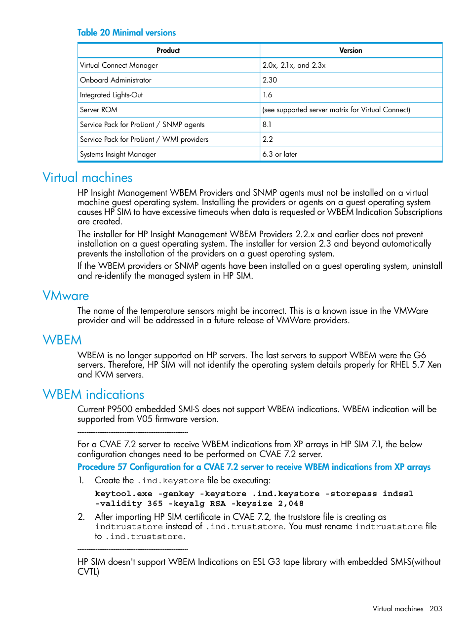 Virtual machines, Vmware, Wbem | Wbem indications, Virtual machines vmware wbem wbem indications | HP Systems Insight Manager User Manual | Page 203 / 259