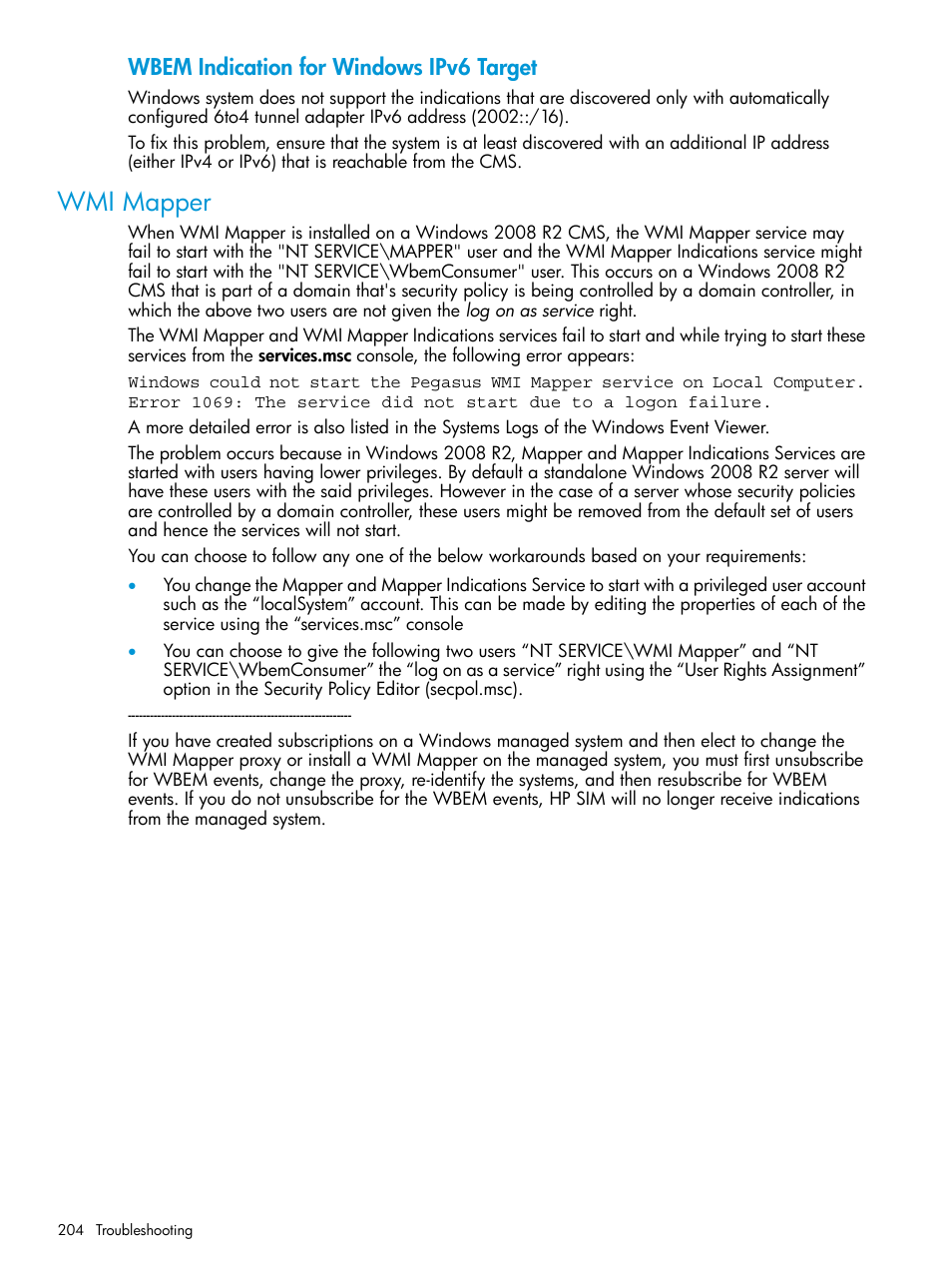 Wmi mapper, Wbem indication for windows ipv6 target | HP Systems Insight Manager User Manual | Page 204 / 259