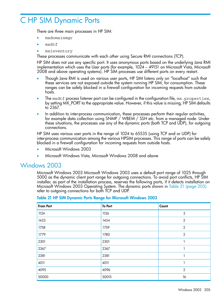 C hp sim dynamic ports, Windows 2003 | HP Systems Insight Manager User Manual | Page 205 / 259