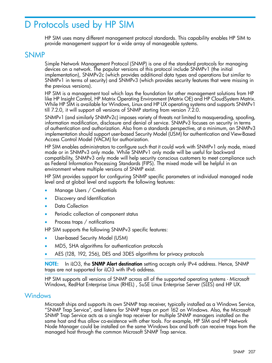 D protocols used by hp sim, Snmp, Windows | HP Systems Insight Manager User Manual | Page 207 / 259