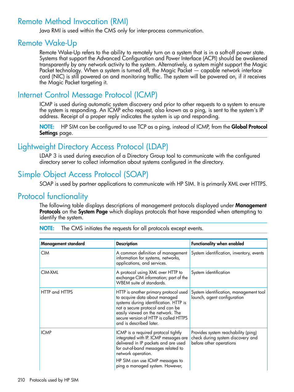 Remote method invocation (rmi), Remote wake-up, Internet control message protocol (icmp) | Lightweight directory access protocol (ldap), Simple object access protocol (soap), Protocol functionality | HP Systems Insight Manager User Manual | Page 210 / 259