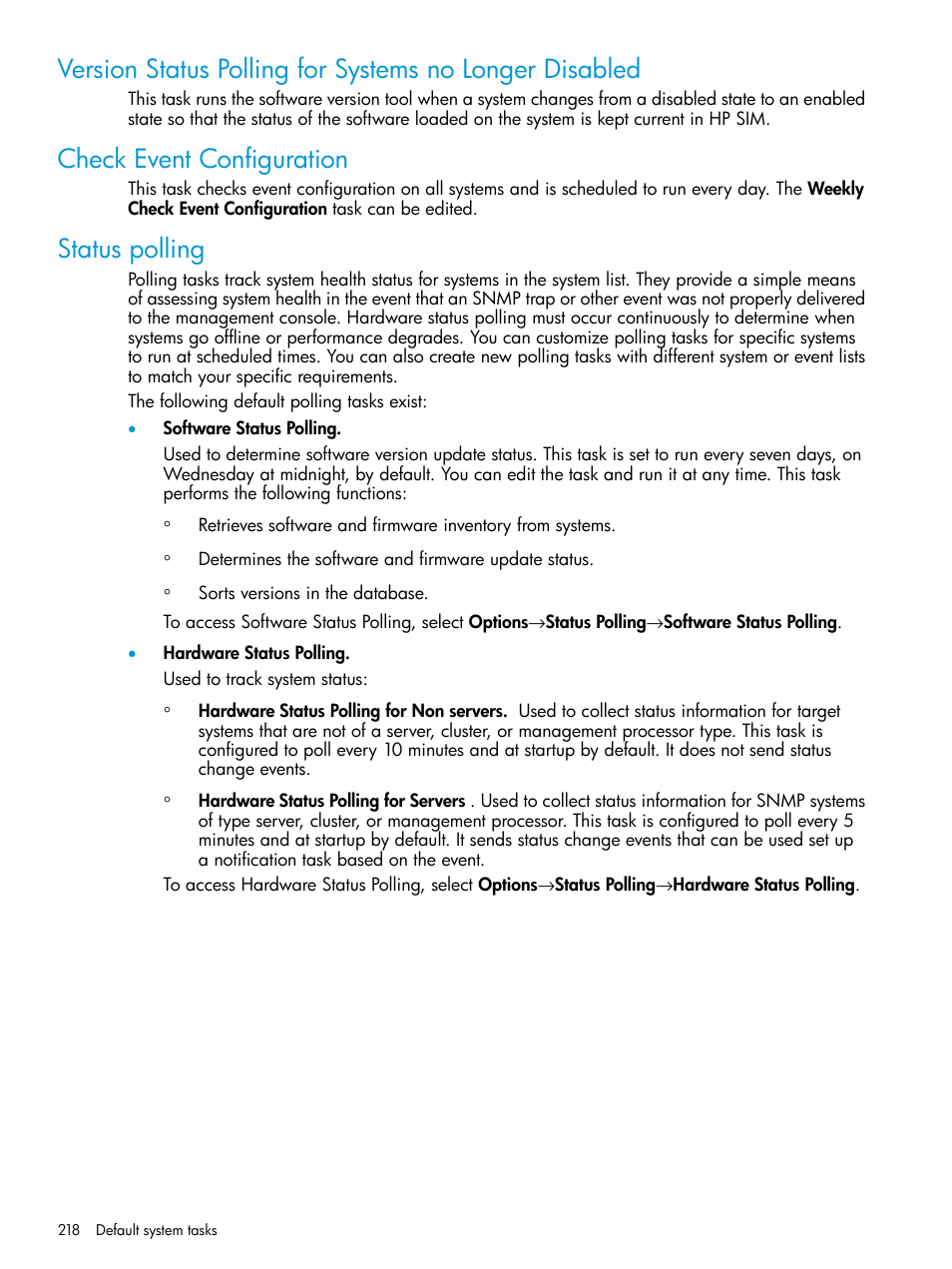 Check event configuration, Status polling | HP Systems Insight Manager User Manual | Page 218 / 259