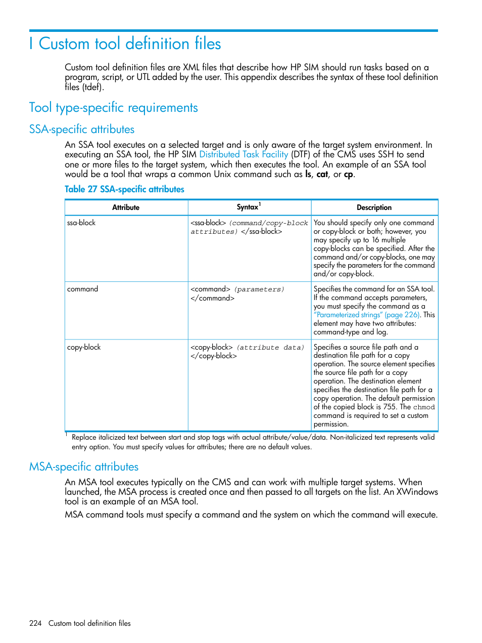 I custom tool definition files, Tool type-specific requirements, Ssa-specific attributes | Msa-specific attributes, Ssa-specific attributes msa-specific attributes, Custom tool | HP Systems Insight Manager User Manual | Page 224 / 259