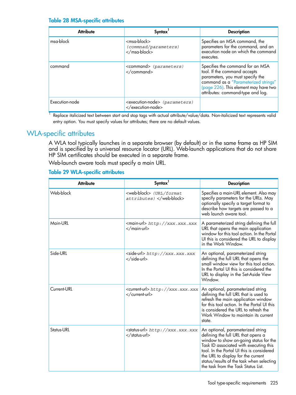 Wla-specific attributes, Wla-specific | HP Systems Insight Manager User Manual | Page 225 / 259