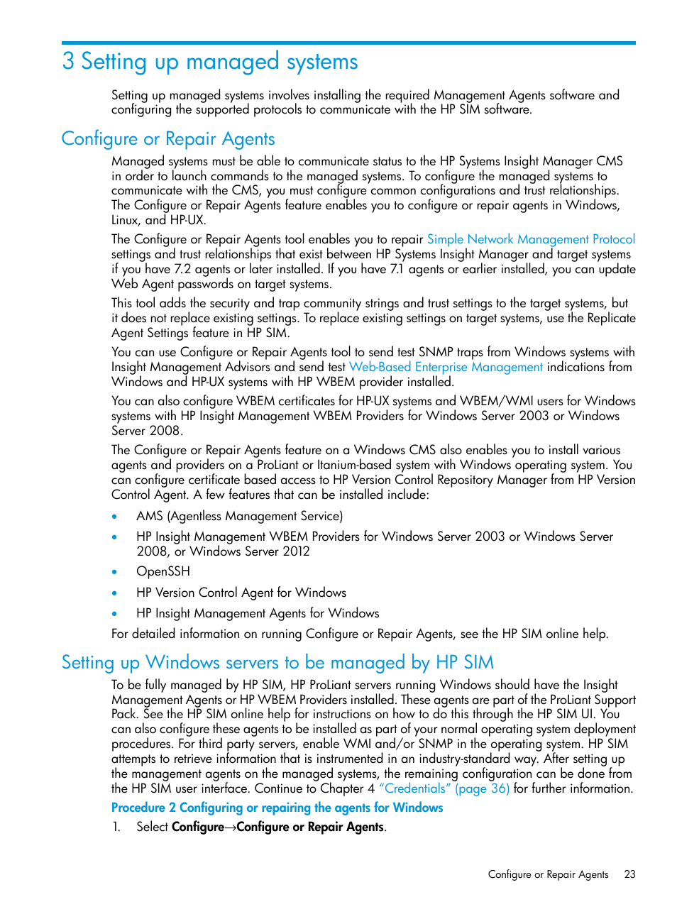 3 setting up managed systems, Configure or repair agents, Setting up windows servers to be managed by hp sim | HP Systems Insight Manager User Manual | Page 23 / 259