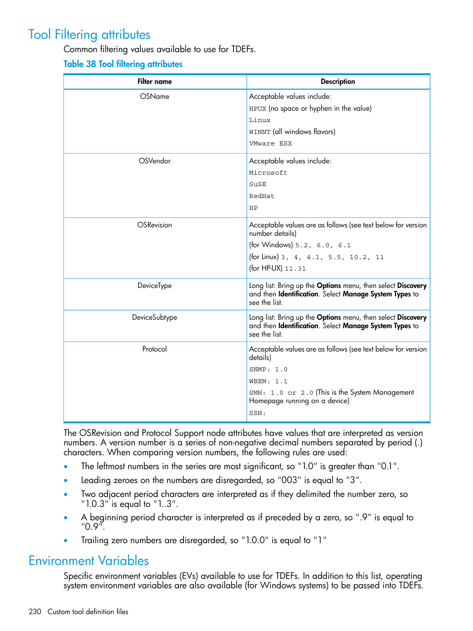 Tool filtering attributes, Environment variables, Tool filtering attributes environment variables | HP Systems Insight Manager User Manual | Page 230 / 259