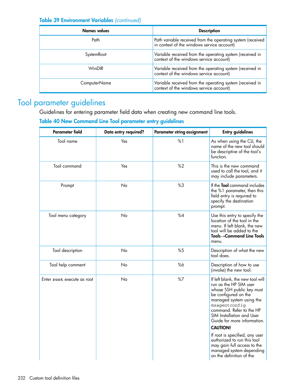 Tool parameter guidelines | HP Systems Insight Manager User Manual | Page 232 / 259