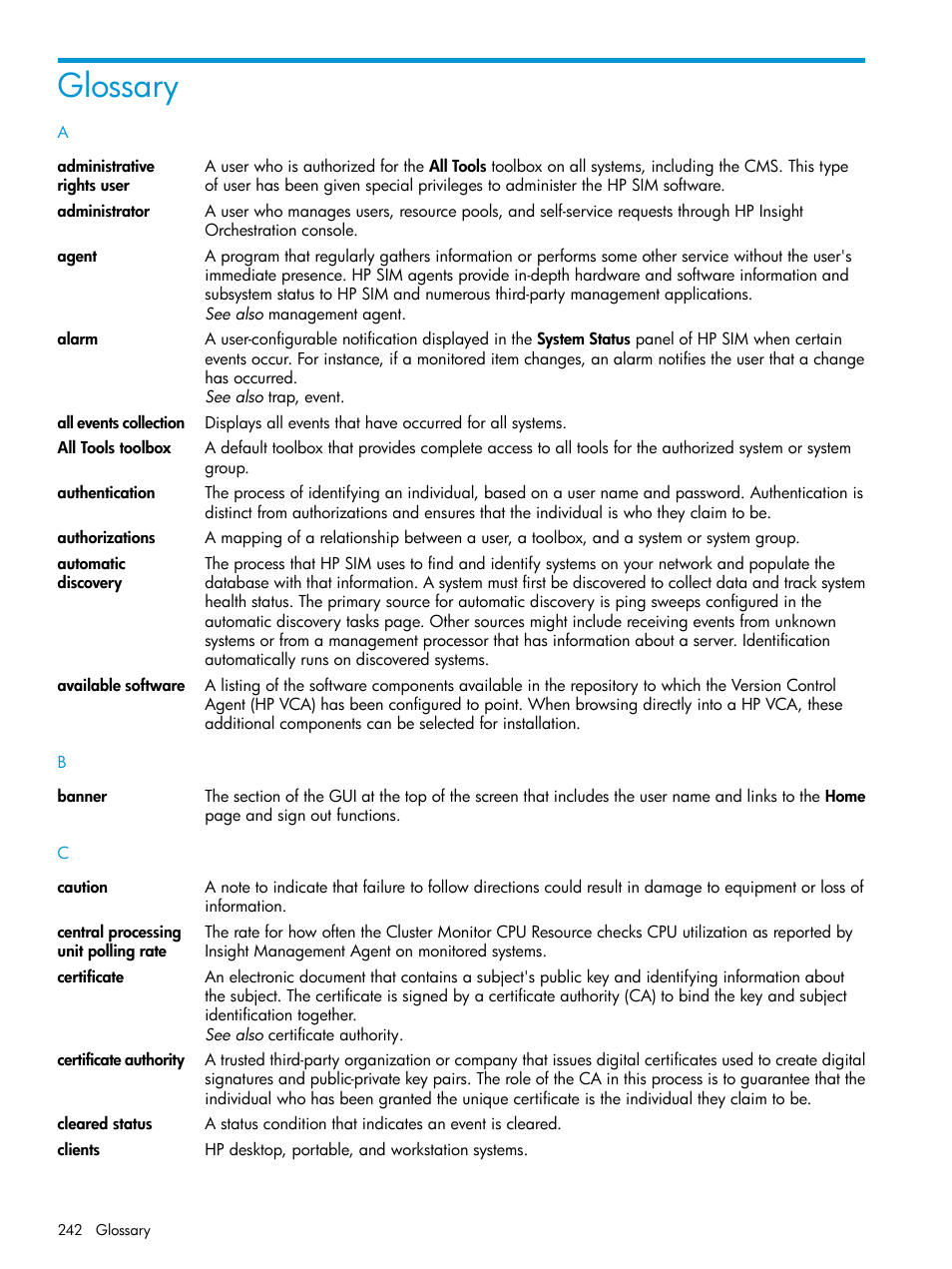 Glossary, Authorizations, Banner | Administrative rights, Certificate authority, Available software | HP Systems Insight Manager User Manual | Page 242 / 259