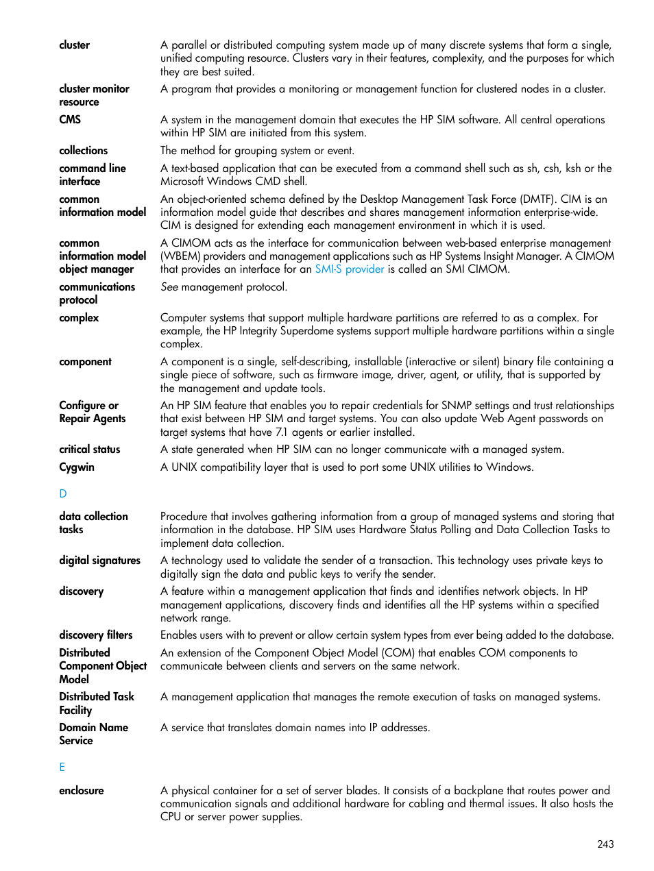 Collections, Discovery filters, Central management server (cms) | Command line interface, Data collection, Cluster, Enclosure, Cygwin, Collection, Component | HP Systems Insight Manager User Manual | Page 243 / 259