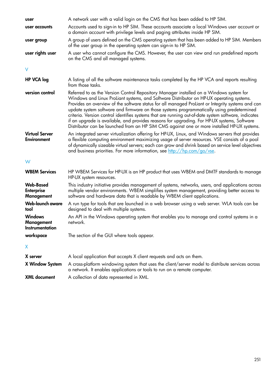 Windows management instrumentation, Workspace, Users | User groups, User account, User, User rights, Version control, Hp vca logs | HP Systems Insight Manager User Manual | Page 251 / 259
