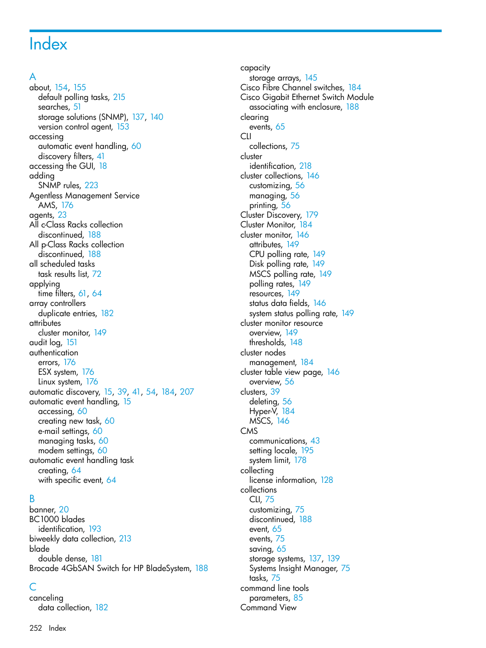 Index | HP Systems Insight Manager User Manual | Page 252 / 259