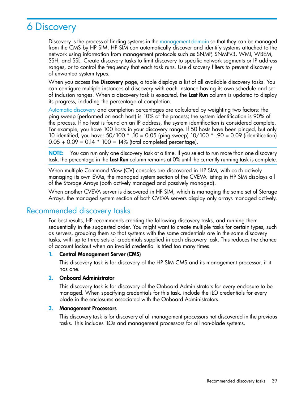 6 discovery, Recommended discovery tasks | HP Systems Insight Manager User Manual | Page 39 / 259