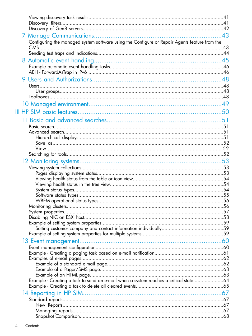 7 manage communications, 8 automatic event handling, 9 users and authorizations | 12 monitoring systems, 13 event management, 14 reporting in hp sim | HP Systems Insight Manager User Manual | Page 4 / 259