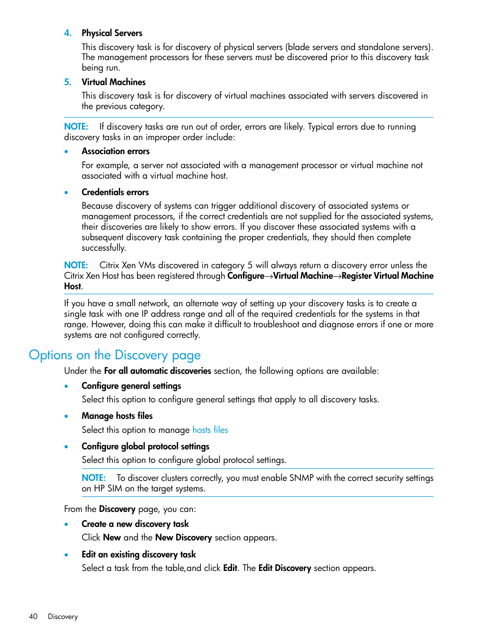 Options on the discovery page | HP Systems Insight Manager User Manual | Page 40 / 259