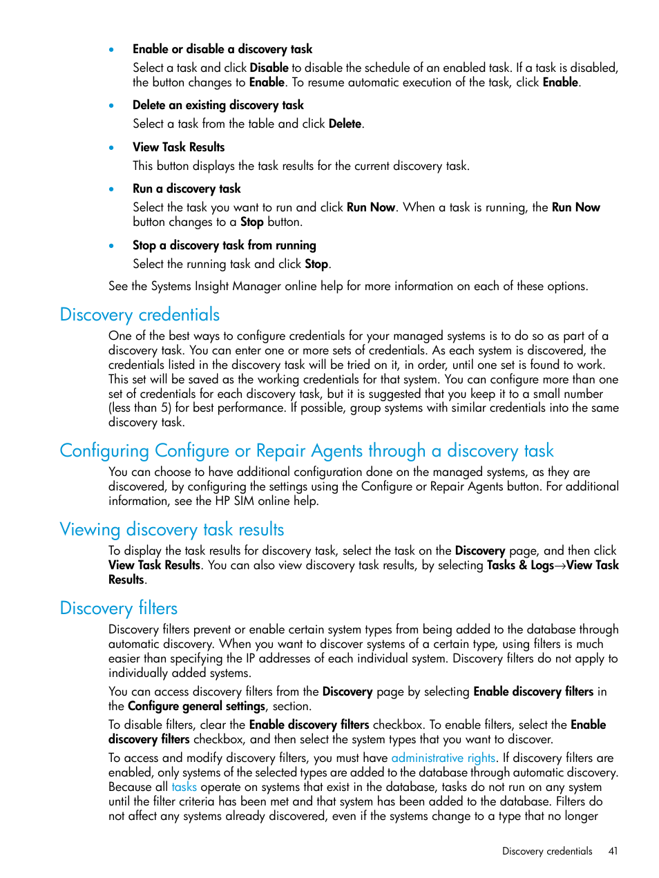 Discovery credentials, Viewing discovery task results, Discovery filters | Viewing discovery task results discovery filters | HP Systems Insight Manager User Manual | Page 41 / 259