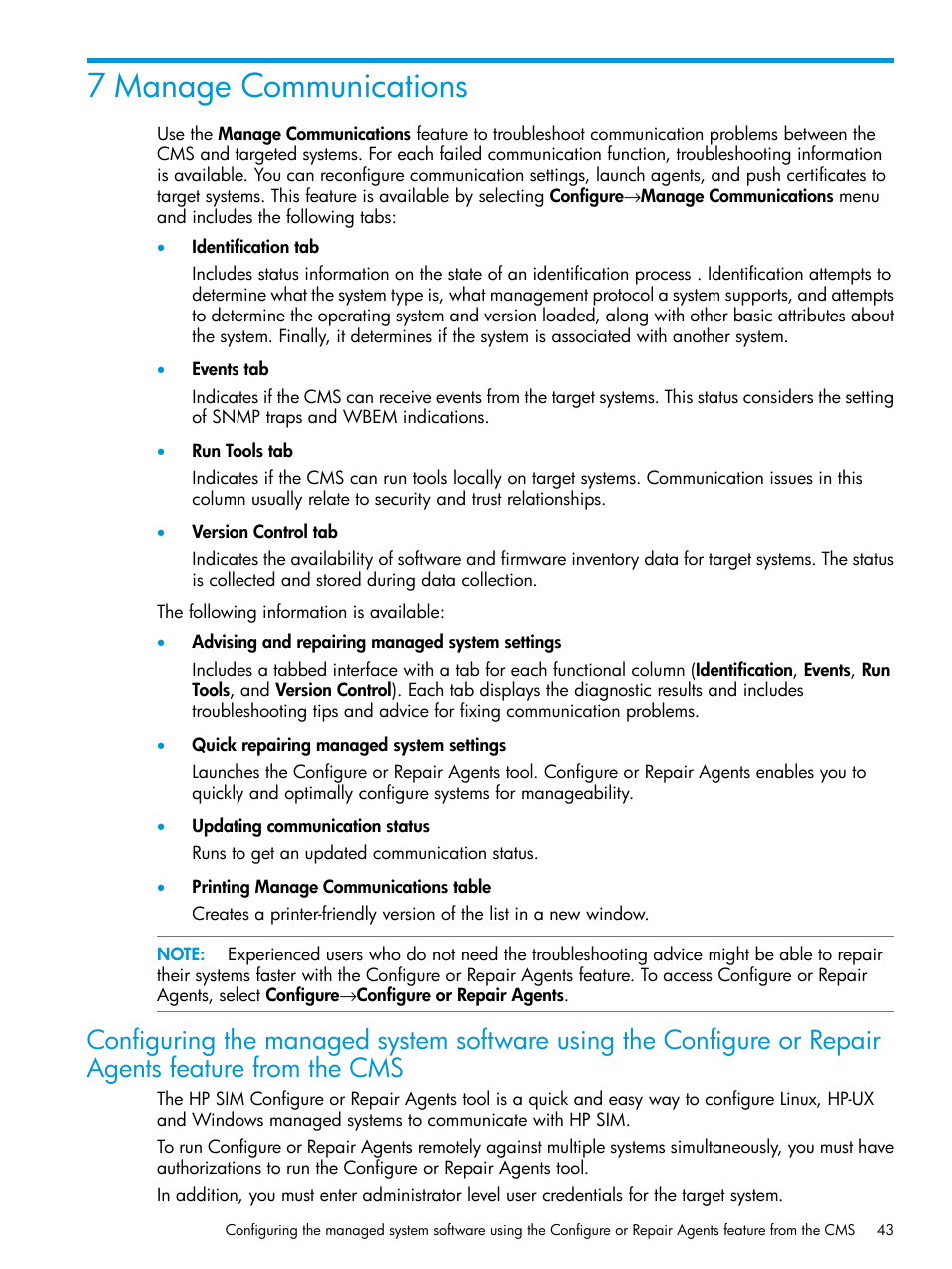 7 manage communications | HP Systems Insight Manager User Manual | Page 43 / 259