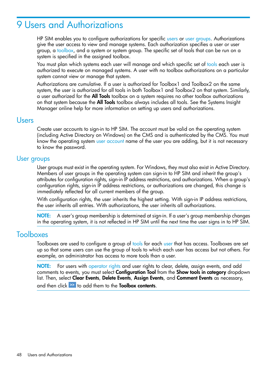 9 users and authorizations, Users, User groups | Toolboxes | HP Systems Insight Manager User Manual | Page 48 / 259
