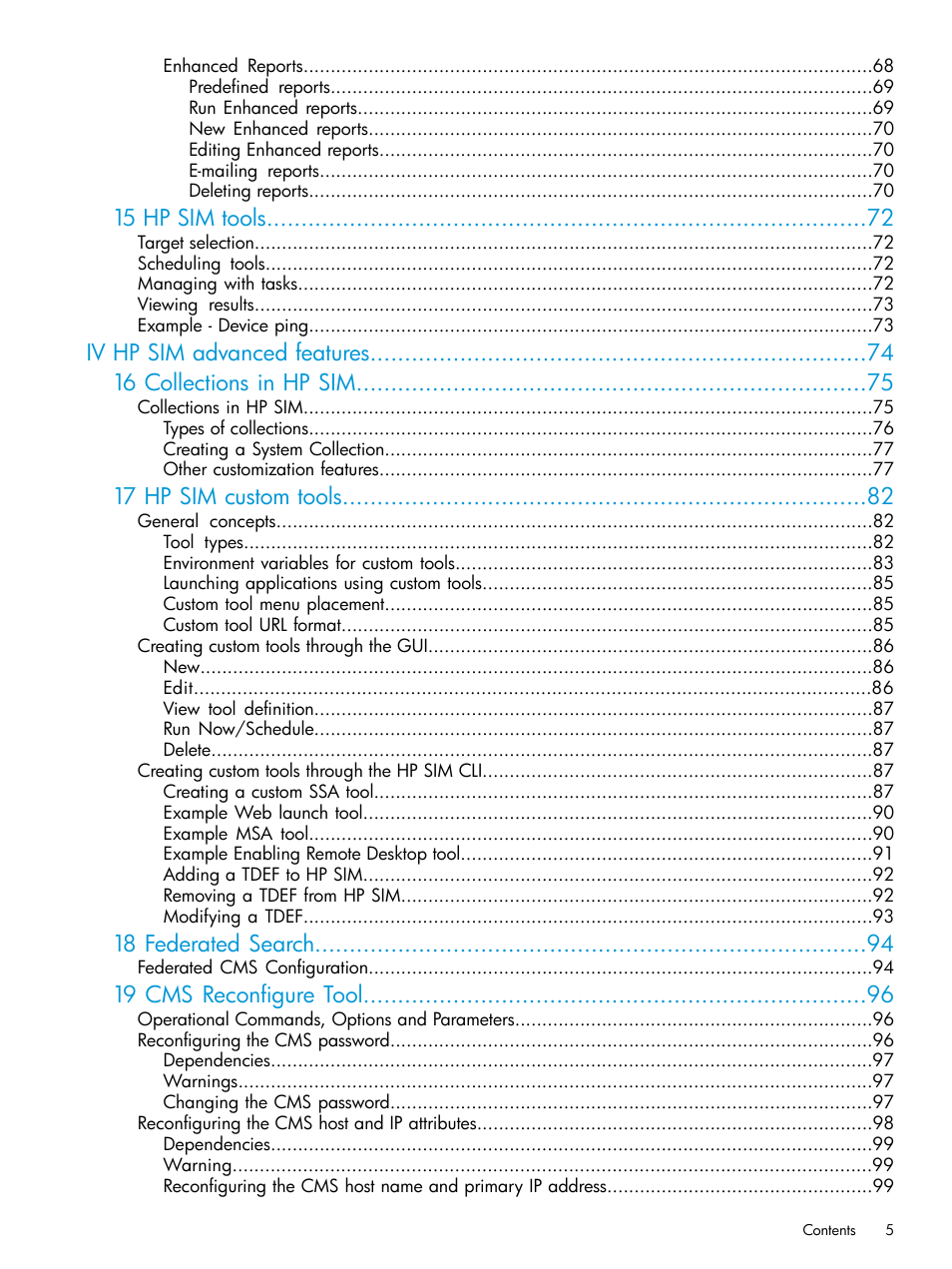 15 hp sim tools, 17 hp sim custom tools, 18 federated search | 19 cms reconfigure tool | HP Systems Insight Manager User Manual | Page 5 / 259