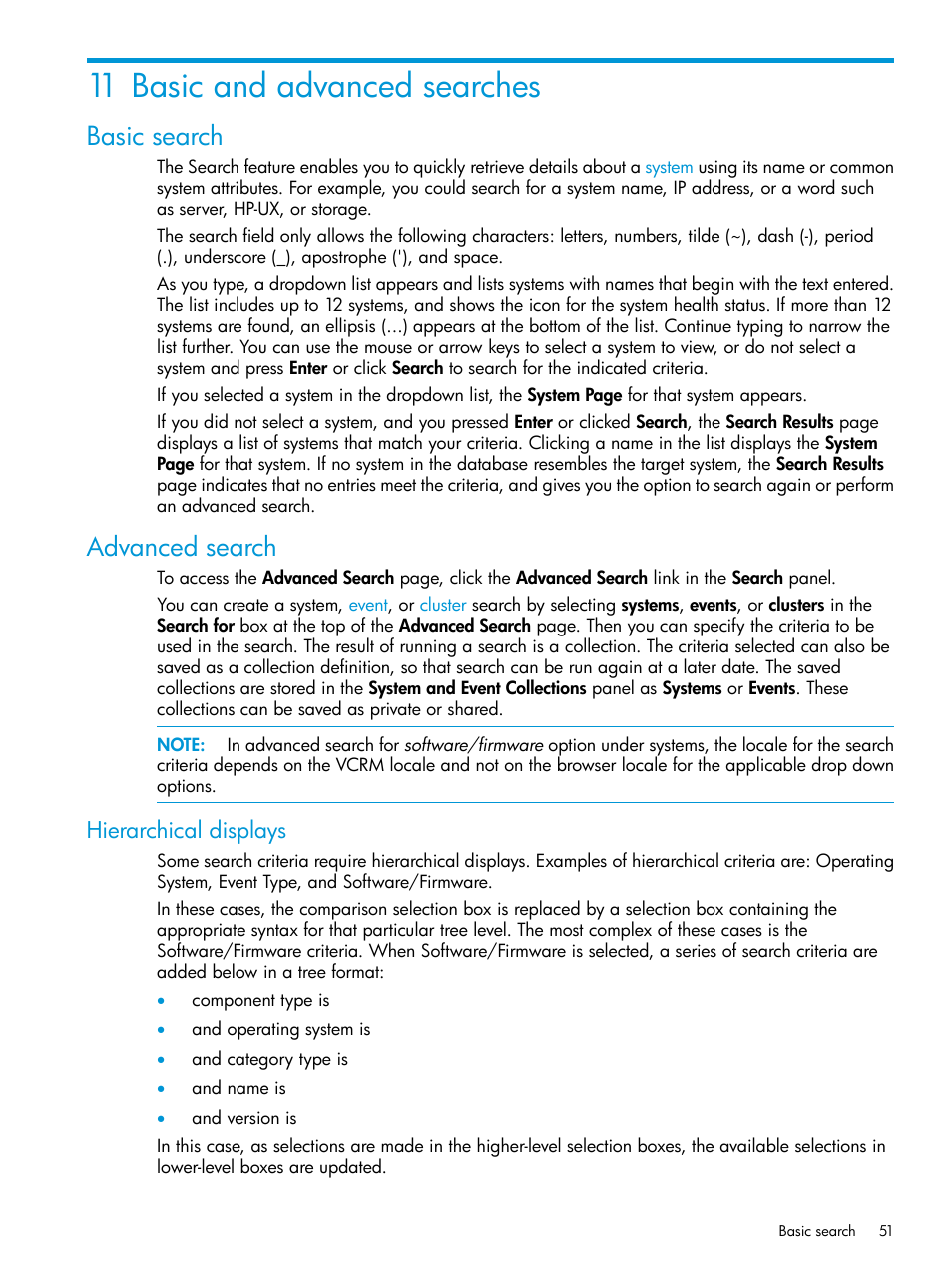 11 basic and advanced searches, Basic search, Advanced search | Hierarchical displays, Basic search advanced search | HP Systems Insight Manager User Manual | Page 51 / 259