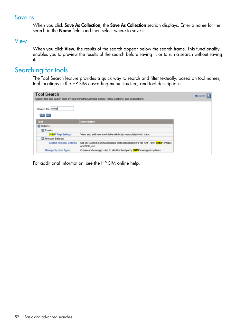 Save as, View, Searching for tools | Save as view | HP Systems Insight Manager User Manual | Page 52 / 259