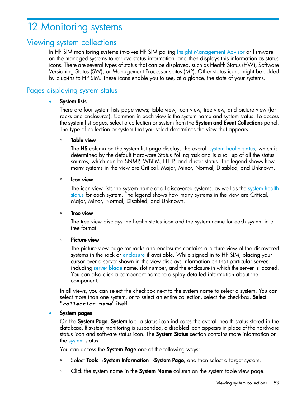 12 monitoring systems, Viewing system collections, Pages displaying system status | HP Systems Insight Manager User Manual | Page 53 / 259