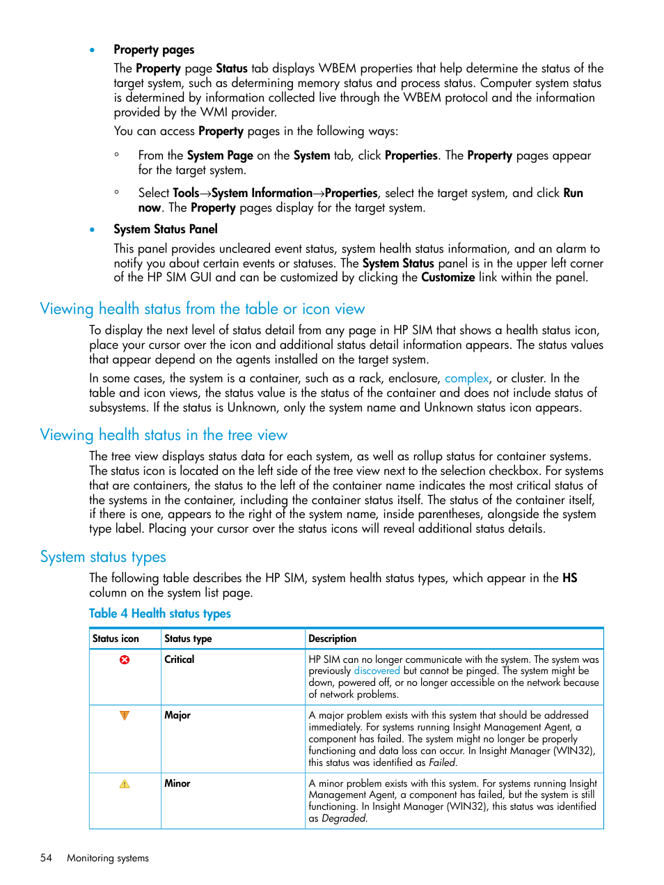 Viewing health status from the table or icon view, Viewing health status in the tree view, System status types | HP Systems Insight Manager User Manual | Page 54 / 259