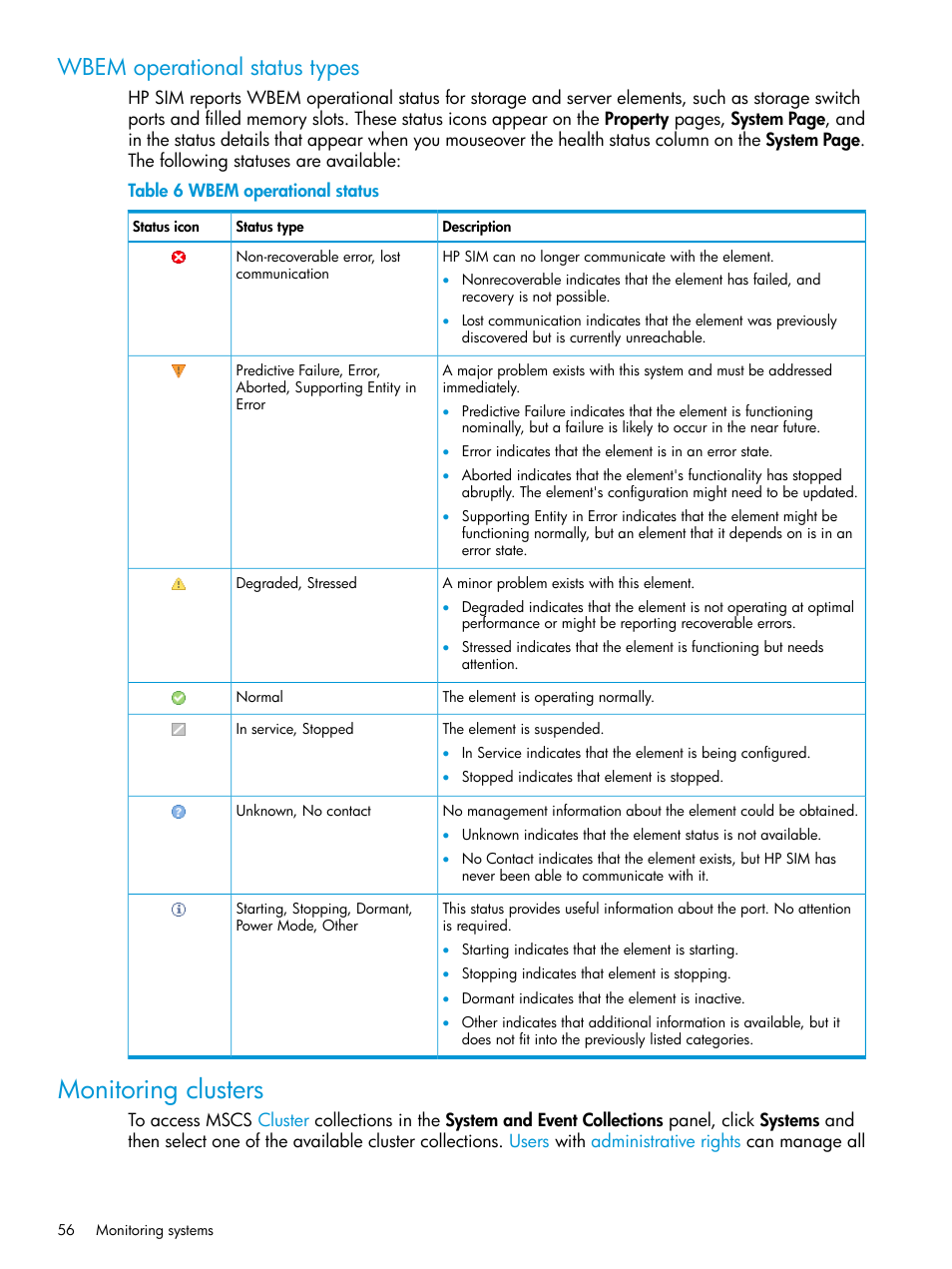 Wbem operational status types, Monitoring clusters | HP Systems Insight Manager User Manual | Page 56 / 259