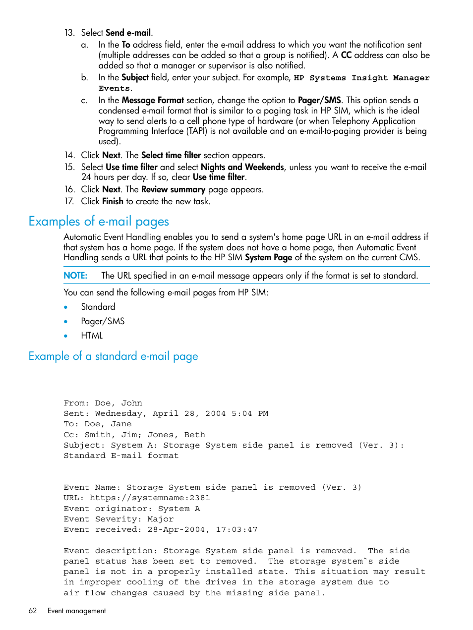 Examples of e-mail pages, Example of a standard e-mail page | HP Systems Insight Manager User Manual | Page 62 / 259