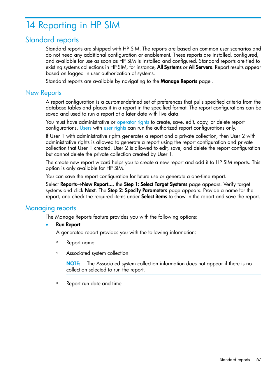 14 reporting in hp sim, Standard reports, New reports | Managing reports, New reports managing reports | HP Systems Insight Manager User Manual | Page 67 / 259