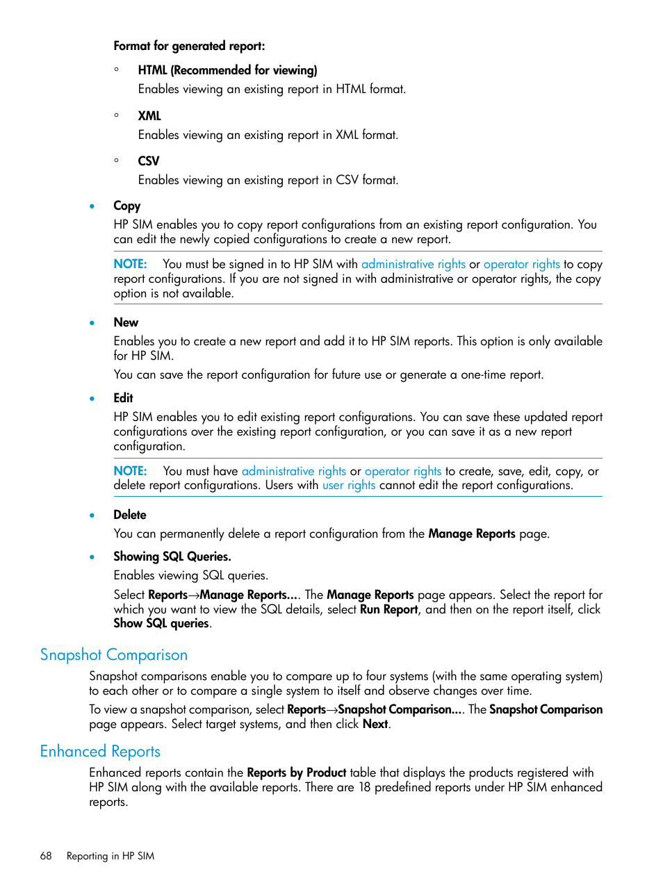 Snapshot comparison, Enhanced reports | HP Systems Insight Manager User Manual | Page 68 / 259