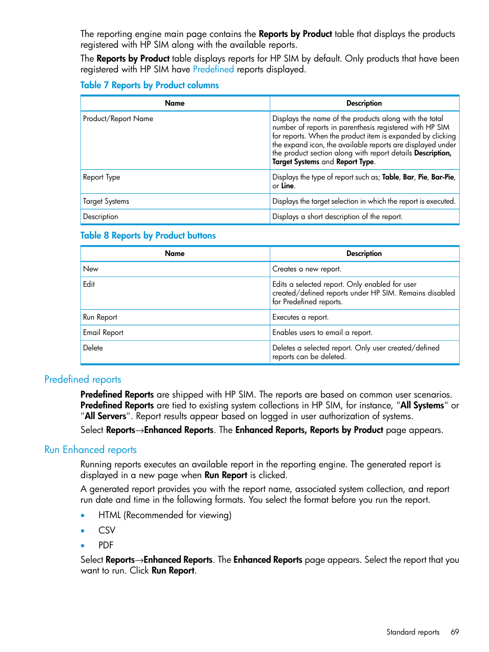 Predefined reports, Run enhanced reports, Predefined reports run enhanced reports | HP Systems Insight Manager User Manual | Page 69 / 259