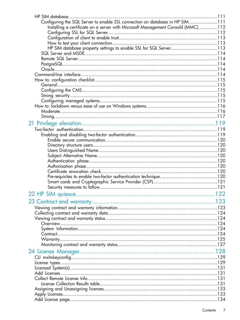 21 privilege elevation, 22 hp sim quiesce 23 contract and warranty, 24 license manager | HP Systems Insight Manager User Manual | Page 7 / 259