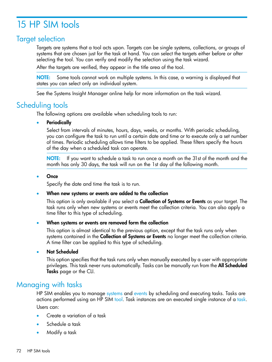 15 hp sim tools, Target selection, Scheduling tools | Managing with tasks | HP Systems Insight Manager User Manual | Page 72 / 259