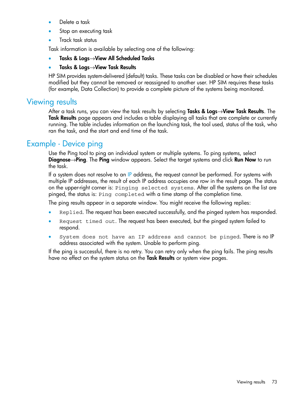 Viewing results, Example - device ping, Viewing results example - device ping | HP Systems Insight Manager User Manual | Page 73 / 259