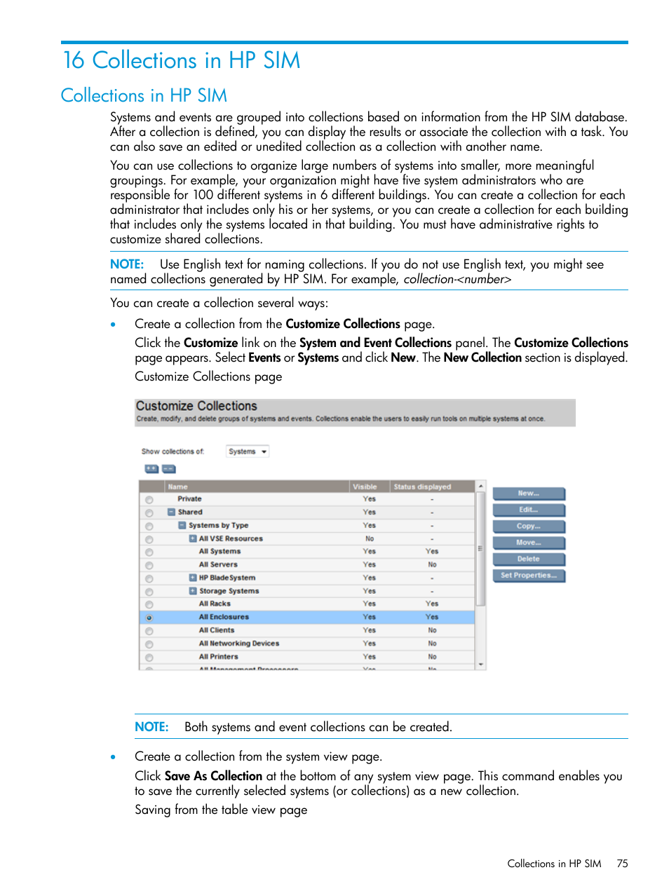 16 collections in hp sim, Collections in hp sim | HP Systems Insight Manager User Manual | Page 75 / 259