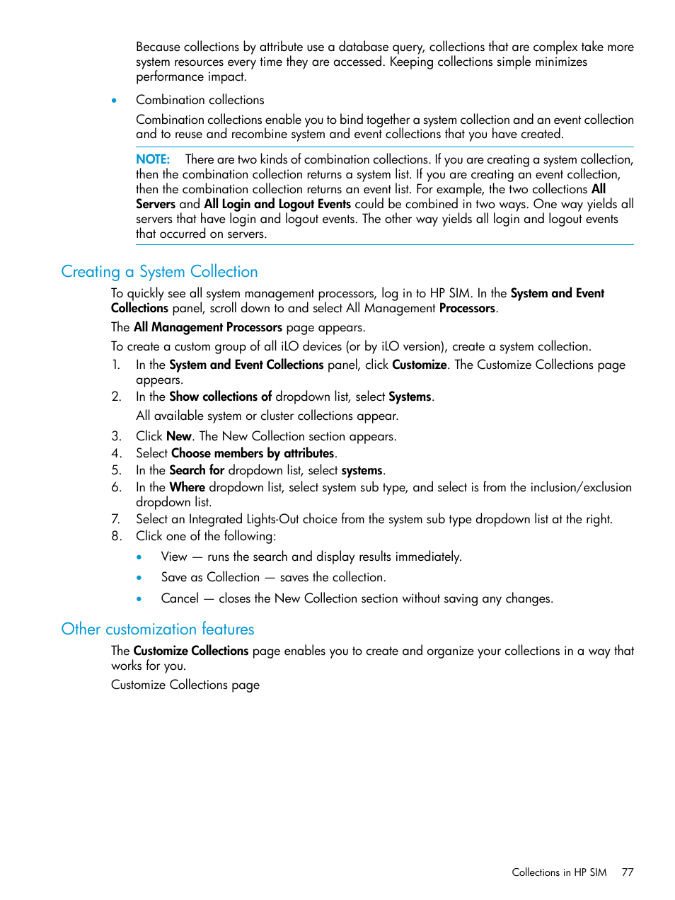 Creating a system collection, Other customization features | HP Systems Insight Manager User Manual | Page 77 / 259