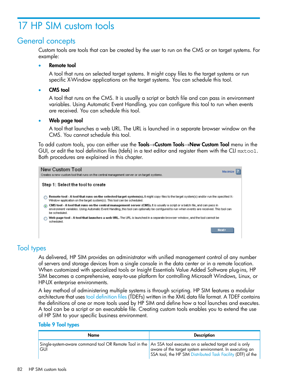 17 hp sim custom tools, General concepts, Tool types | HP Systems Insight Manager User Manual | Page 82 / 259