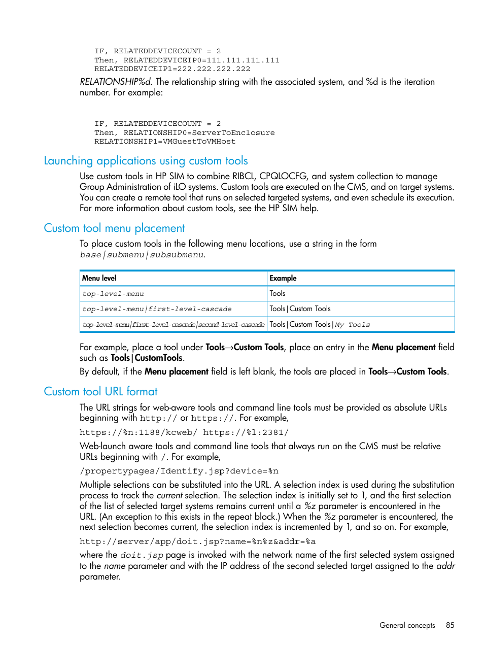 Launching applications using custom tools, Custom tool menu placement, Custom tool url format | HP Systems Insight Manager User Manual | Page 85 / 259