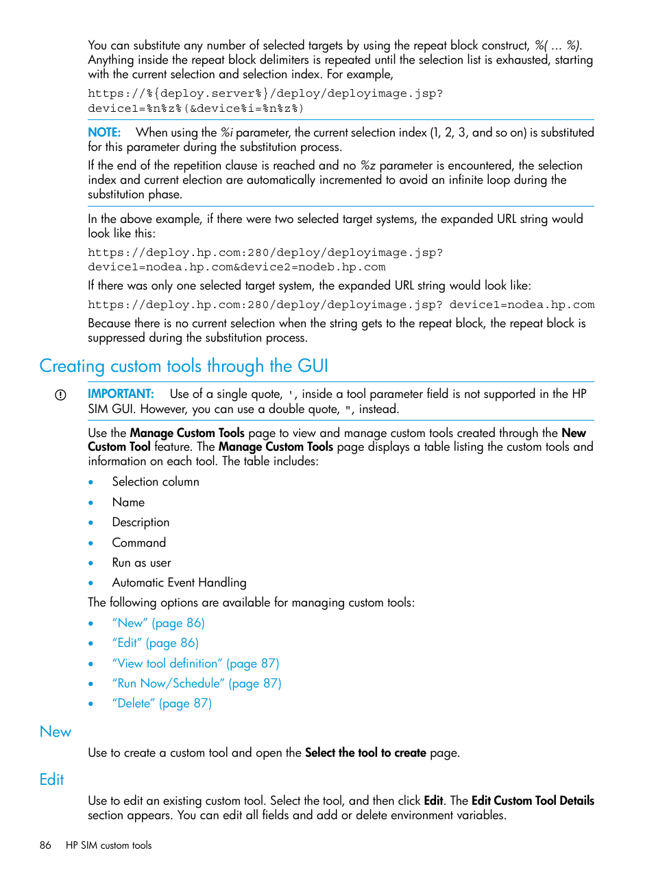 Creating custom tools through the gui, Edit, New edit | HP Systems Insight Manager User Manual | Page 86 / 259