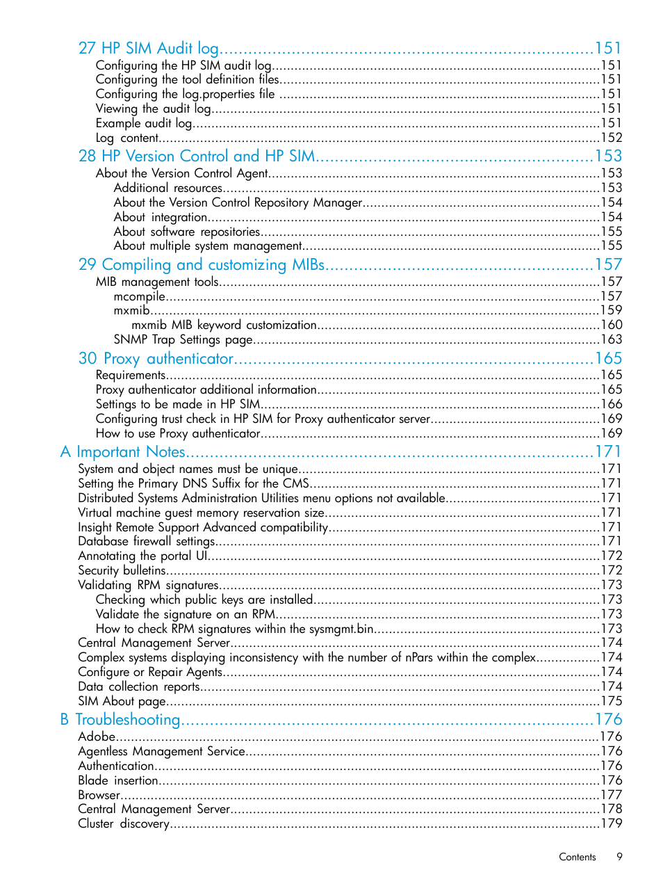 27 hp sim audit log, 28 hp version control and hp sim, 29 compiling and customizing mibs | 30 proxy authenticator, B troubleshooting | HP Systems Insight Manager User Manual | Page 9 / 259