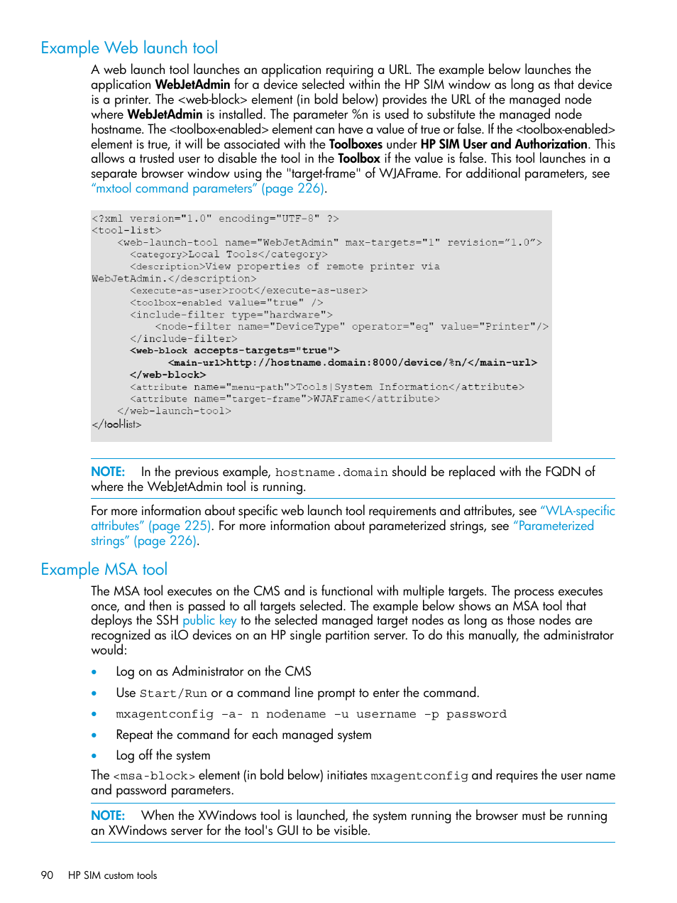 Example web launch tool, Example msa tool, Example web launch tool example msa tool | HP Systems Insight Manager User Manual | Page 90 / 259